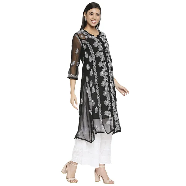 Charismatic_Black_Lucknow_Chikankari_Hand_Embroidered_Long_Kurti_Kurta_With_Matching_Inner_Georgette