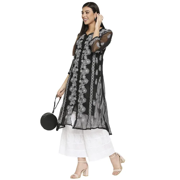 Charismatic_Black_Lucknow_Chikankari_Hand_Embroidered_Long_Kurti_Kurta_With_Matching_Inner_Georgette