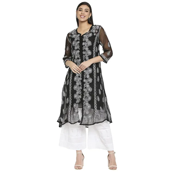 Charismatic_Black_Lucknow_Chikankari_Hand_Embroidered_Long_Kurti_Kurta_With_Matching_Inner_Georgette