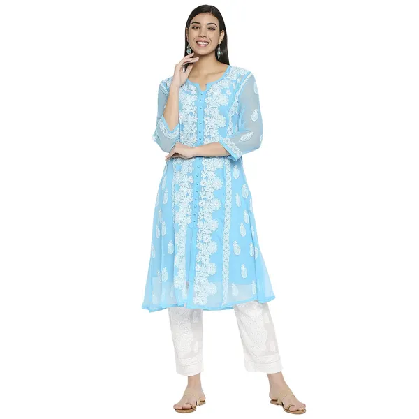 Sky_Blue_Lucknow_Chikankari_Hand_Embroidered_Long_Kurti_With_Allover_Chikan_Embroidery_With_Matching_Inner_Georgette