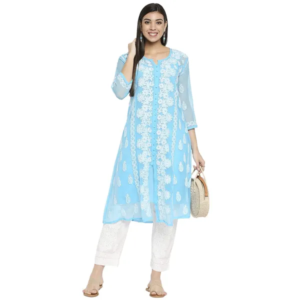 Sky_Blue_Lucknow_Chikankari_Hand_Embroidered_Long_Kurti_With_Allover_Chikan_Embroidery_With_Matching_Inner_Georgette