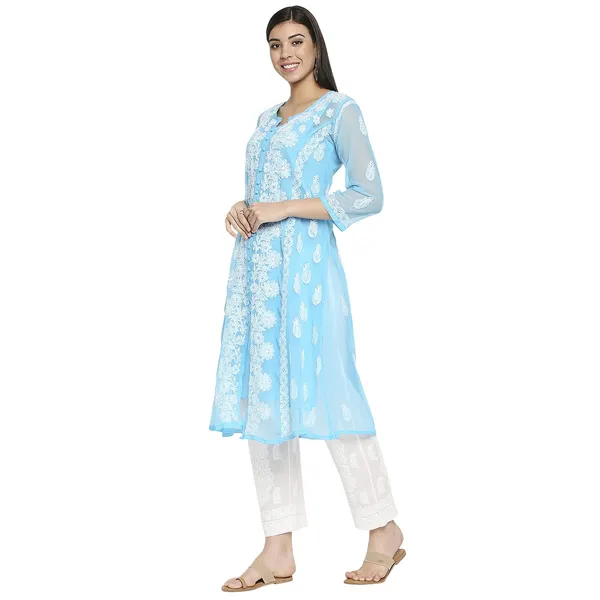 Sky_Blue_Lucknow_Chikankari_Hand_Embroidered_Long_Kurti_With_Allover_Chikan_Embroidery_With_Matching_Inner_Georgette