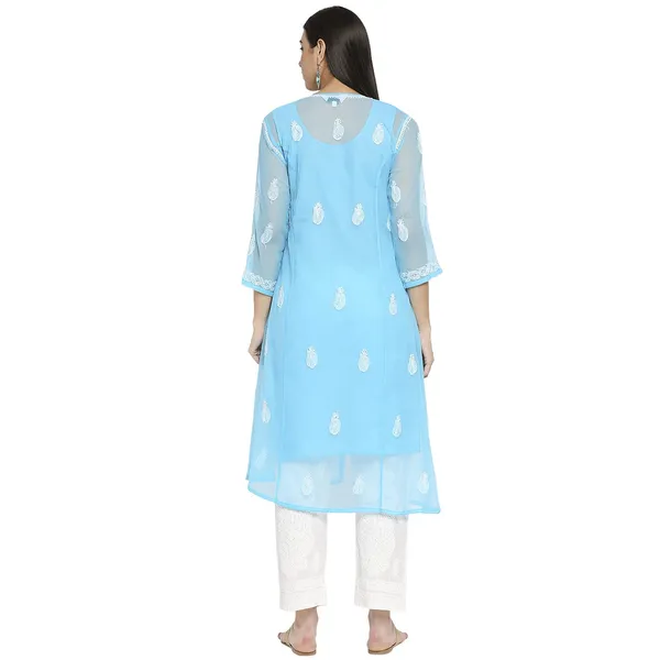 Sky_Blue_Lucknow_Chikankari_Hand_Embroidered_Long_Kurti_With_Allover_Chikan_Embroidery_With_Matching_Inner_Georgette