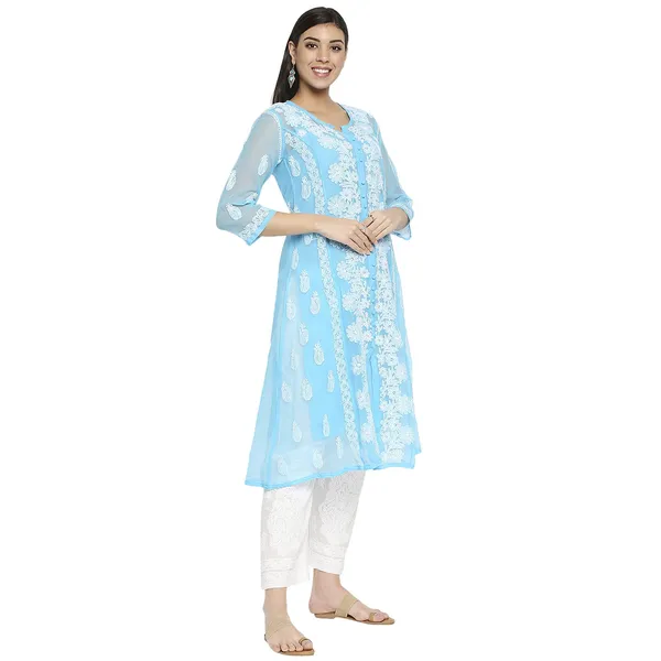 Sky_Blue_Lucknow_Chikankari_Hand_Embroidered_Long_Kurti_With_Allover_Chikan_Embroidery_With_Matching_Inner_Georgette