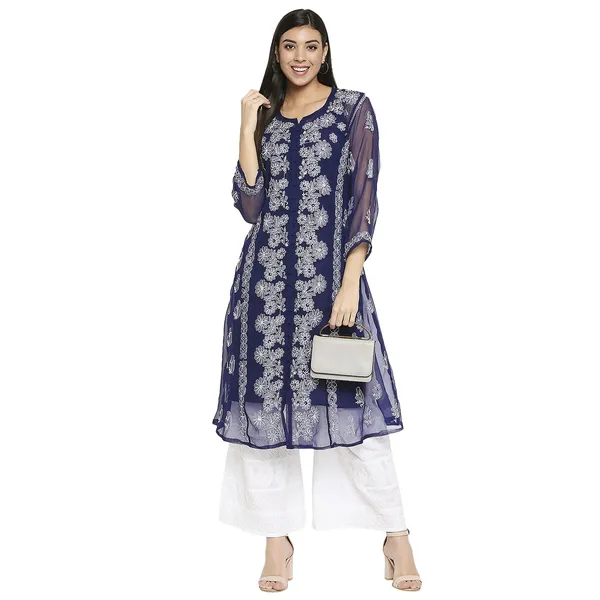 Royal_Blue_Lucknow_Chikankari_Hand_Embroidered_Long_Kurti_With_Allover_Chikan_Embroidery_With_Matching_Inner_Georgette