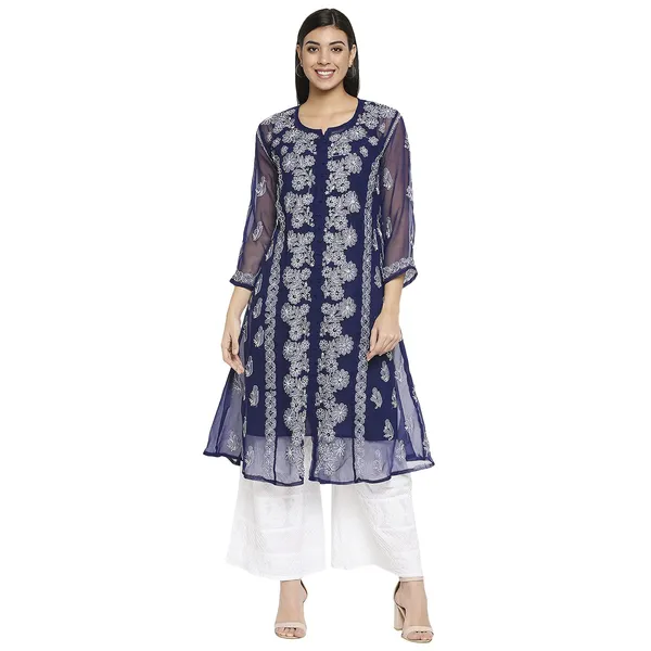 Royal_Blue_Lucknow_Chikankari_Hand_Embroidered_Long_Kurti_With_Allover_Chikan_Embroidery_With_Matching_Inner_Georgette