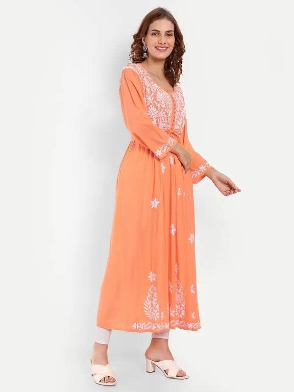 Coral_Lucknow_Chikankari_Hand_Embroidered_Fit_&_Flare_Long_Kurta_Cotton