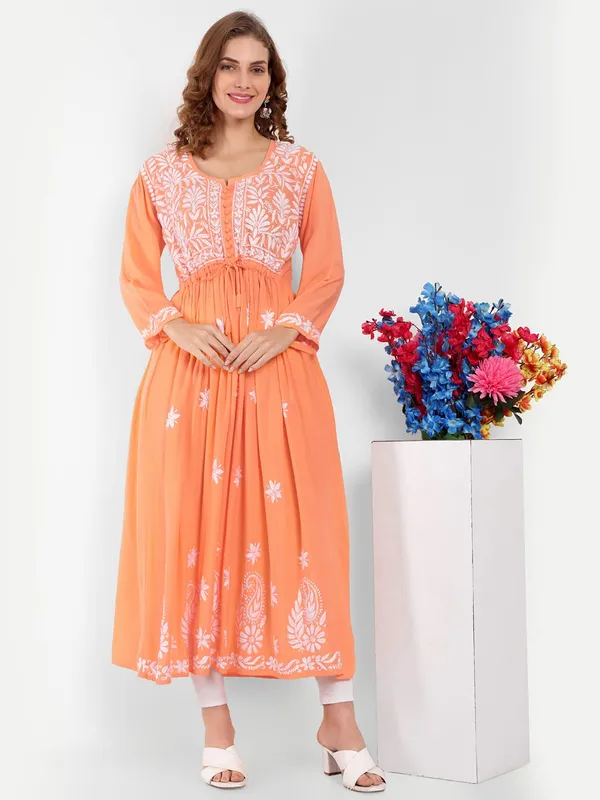 Coral_Lucknow_Chikankari_Hand_Embroidered_Fit_&_Flare_Long_Kurta_Cotton