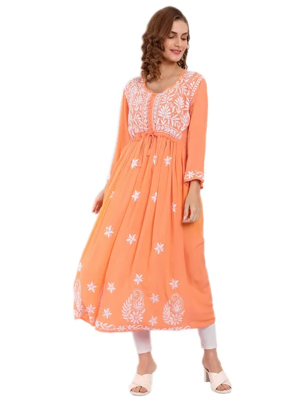 Coral_Lucknow_Chikankari_Hand_Embroidered_Fit_&_Flare_Long_Kurta_Cotton
