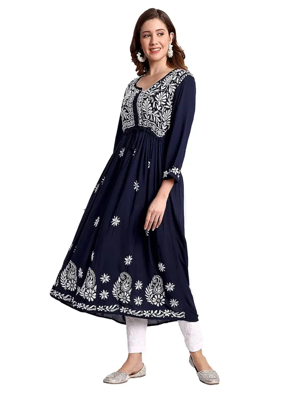 Dark_Blue_Lucknow_Chikankari_Hand_Embroidered_Fit_&_Flare_Long_Kurta_Cotton