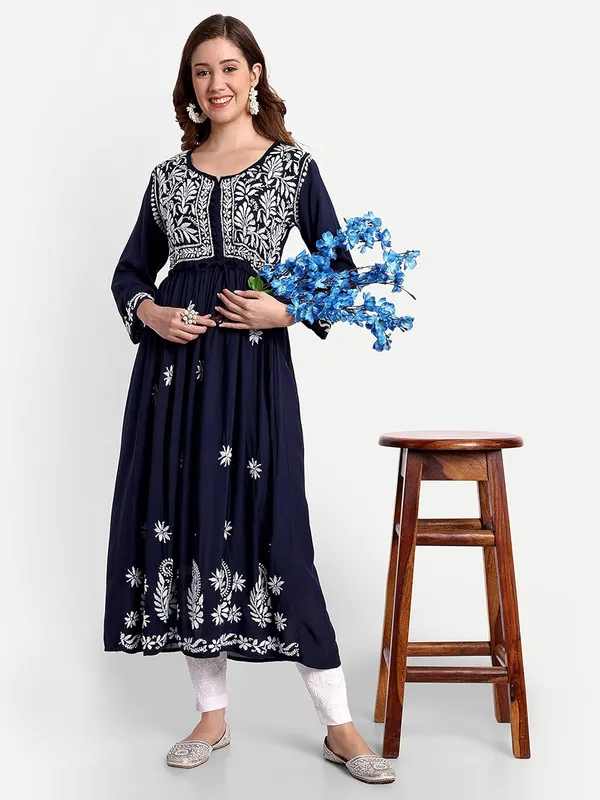 Dark_Blue_Lucknow_Chikankari_Hand_Embroidered_Fit_&_Flare_Long_Kurta_Cotton