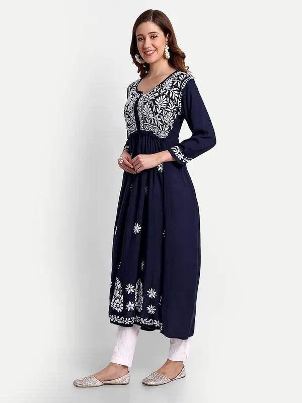 Dark_Blue_Lucknow_Chikankari_Hand_Embroidered_Fit_&_Flare_Long_Kurta_Cotton