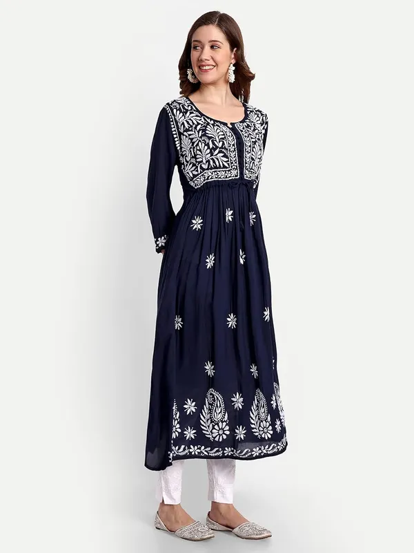 Dark_Blue_Lucknow_Chikankari_Hand_Embroidered_Fit_&_Flare_Long_Kurta_Cotton