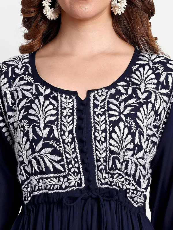 Dark_Blue_Lucknow_Chikankari_Hand_Embroidered_Fit_&_Flare_Long_Kurta_Cotton