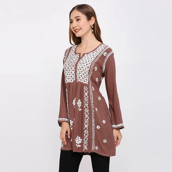Chestnut_Lucknow_Chikankari_Hand_Embroidered_Kurti_Cotton
