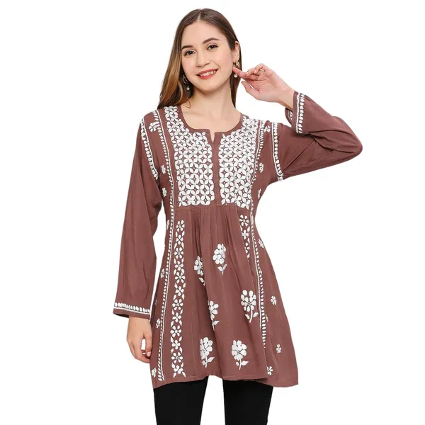 Chestnut_Lucknow_Chikankari_Hand_Embroidered_Kurti_Cotton