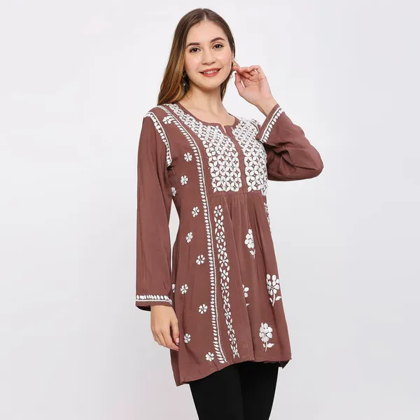 Chestnut_Lucknow_Chikankari_Hand_Embroidered_Kurti_Cotton