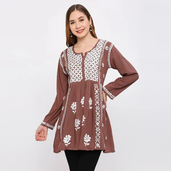 Chestnut_Lucknow_Chikankari_Hand_Embroidered_Kurti_Cotton