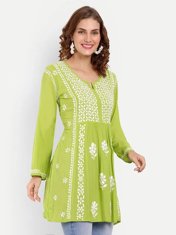 Lime_green_Lucknow_Chikankari_Hand_Embroidered_Kurti_Cotton