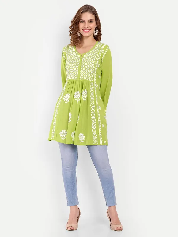 Lime_green_Lucknow_Chikankari_Hand_Embroidered_Kurti_Cotton