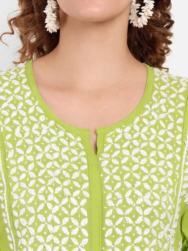 Lime_green_Lucknow_Chikankari_Hand_Embroidered_Kurti_Cotton