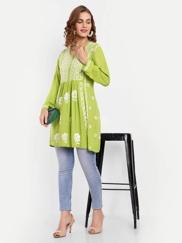 Lime_green_Lucknow_Chikankari_Hand_Embroidered_Kurti_Cotton