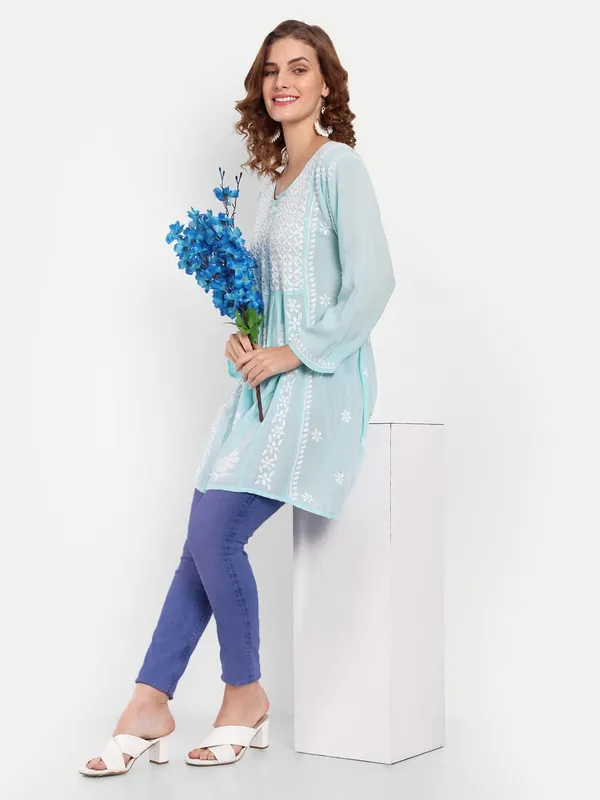 Dark_Blue_Lucknow_Chikankari_Hand_Embroidered_Fit_&_Flare_Long_Kurta_Cotton
