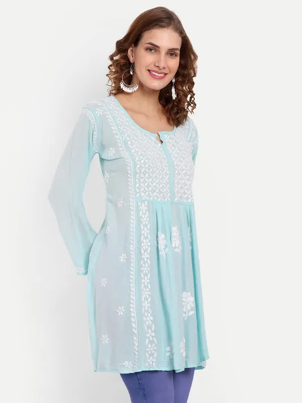 Dark_Blue_Lucknow_Chikankari_Hand_Embroidered_Fit_&_Flare_Long_Kurta_Cotton