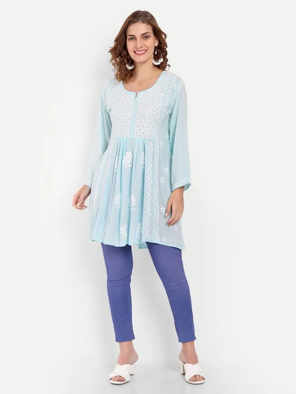 Dark_Blue_Lucknow_Chikankari_Hand_Embroidered_Fit_&_Flare_Long_Kurta_Cotton