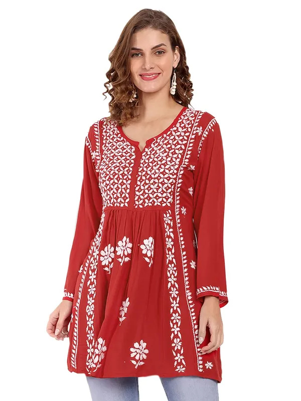 Ravishing_Red_Lucknow_Chikankari_Hand_Embroidered_Kurti_Cotton