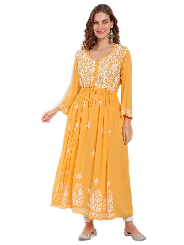 Mustard_Lucknow_Chikankari_Hand_Embroidered_Fit_&_Flare_Long_Kurta_Cotton