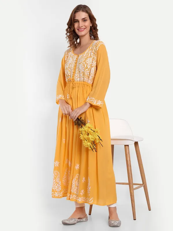 Mustard_Lucknow_Chikankari_Hand_Embroidered_Fit_&_Flare_Long_Kurta_Cotton