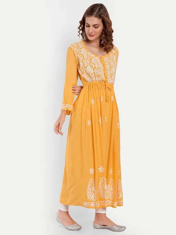Mustard_Lucknow_Chikankari_Hand_Embroidered_Fit_&_Flare_Long_Kurta_Cotton