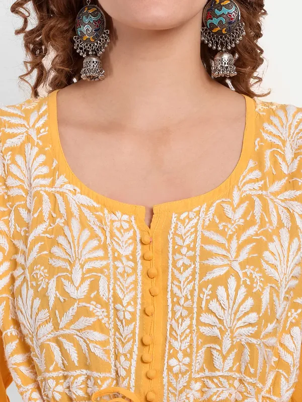 Mustard_Lucknow_Chikankari_Hand_Embroidered_Fit_&_Flare_Long_Kurta_Cotton