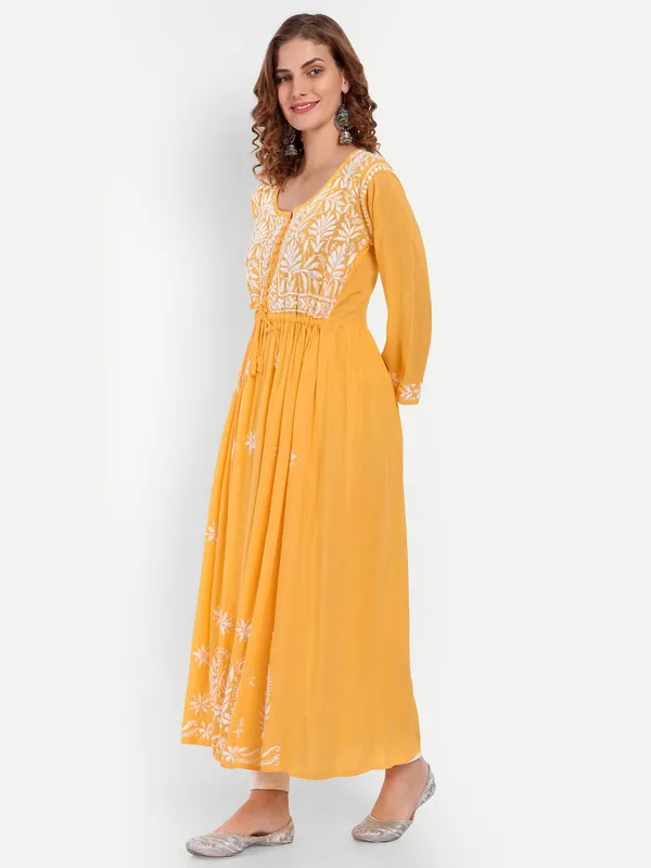 Mustard_Lucknow_Chikankari_Hand_Embroidered_Fit_&_Flare_Long_Kurta_Cotton