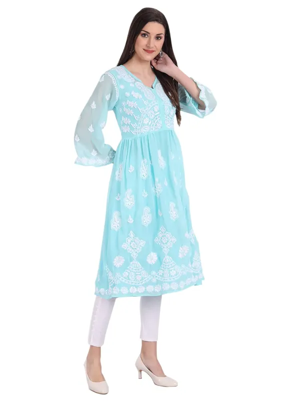 Sea_Green_Lucknow_Chikankari_Hand_Embroidered_Fit_&_Flare_Kurti_With_Matching_Inner_Georgette