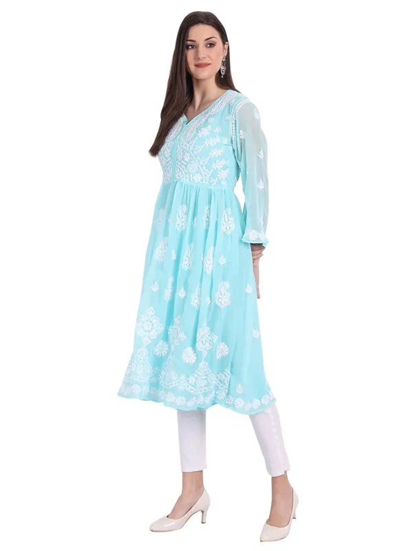 Sea_Green_Lucknow_Chikankari_Hand_Embroidered_Fit_&_Flare_Kurti_With_Matching_Inner_Georgette