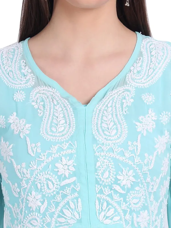 Sea_Green_Lucknow_Chikankari_Hand_Embroidered_Fit_&_Flare_Kurti_With_Matching_Inner_Georgette