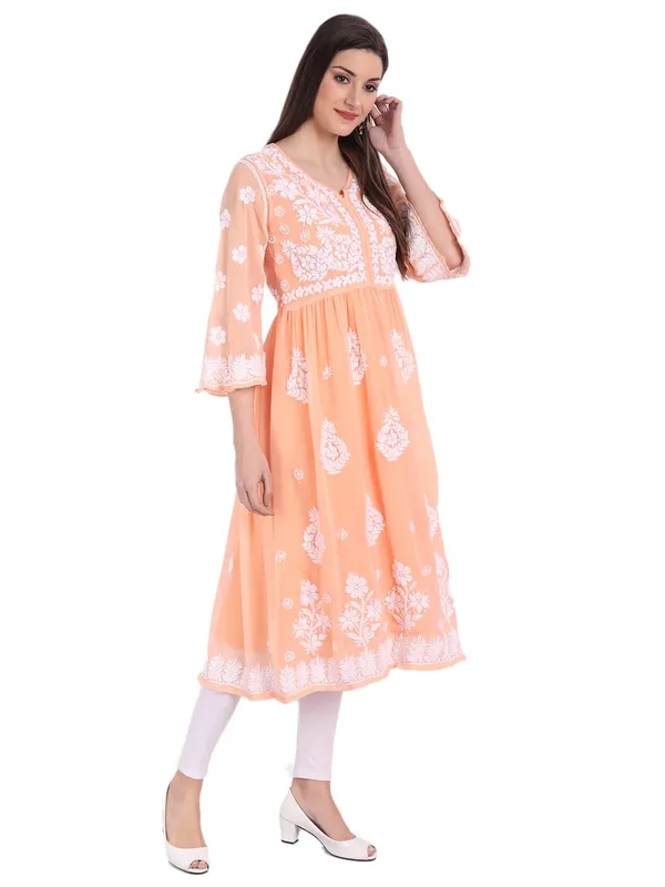 Peach_Puff_Lucknow_Chikankari_Hand_Embroidered_Fit_&_Flare_Kurti_With_Matching_Inner_Georgette
