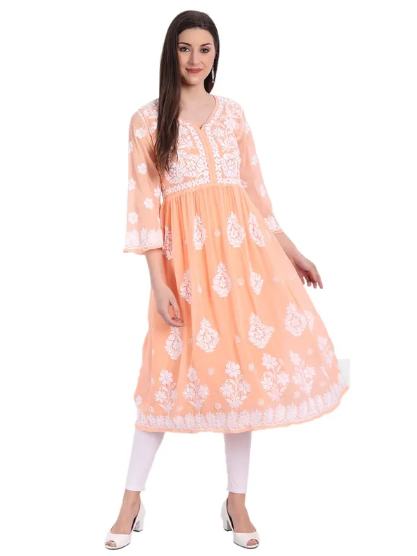 Peach_Puff_Lucknow_Chikankari_Hand_Embroidered_Fit_&_Flare_Kurti_With_Matching_Inner_Georgette