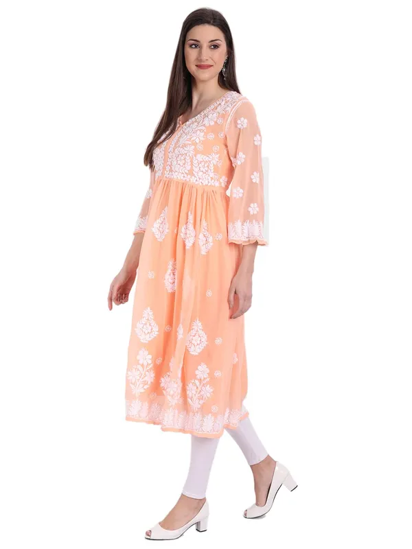 Peach_Puff_Lucknow_Chikankari_Hand_Embroidered_Fit_&_Flare_Kurti_With_Matching_Inner_Georgette