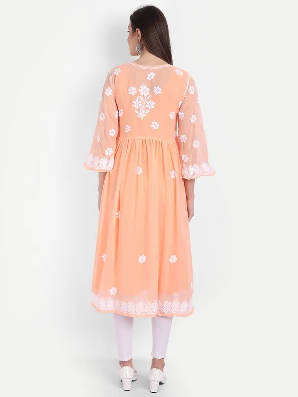 Peach_Puff_Lucknow_Chikankari_Hand_Embroidered_Fit_&_Flare_Kurti_With_Matching_Inner_Georgette