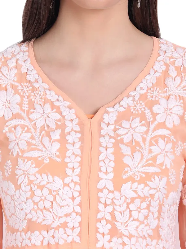 Peach_Puff_Lucknow_Chikankari_Hand_Embroidered_Fit_&_Flare_Kurti_With_Matching_Inner_Georgette