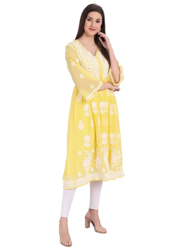 Sunshine_Yellow_Lucknow_Chikankari_Hand_Embroidered_Mukaish_Work_Fit_&_Flare_Kurti_With_Matching_Inner_Georgette