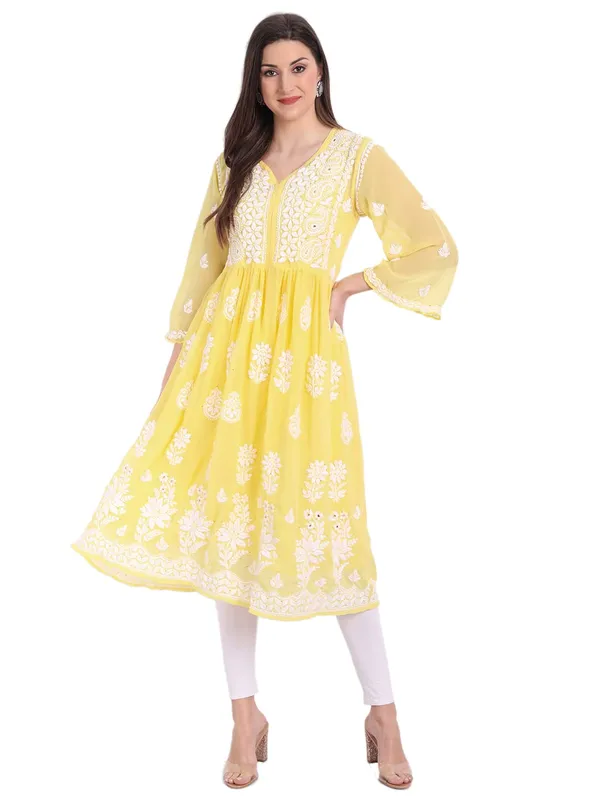 Sunshine_Yellow_Lucknow_Chikankari_Hand_Embroidered_Mukaish_Work_Fit_&_Flare_Kurti_With_Matching_Inner_Georgette