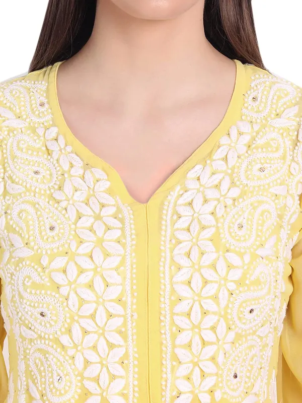 Sunshine_Yellow_Lucknow_Chikankari_Hand_Embroidered_Mukaish_Work_Fit_&_Flare_Kurti_With_Matching_Inner_Georgette