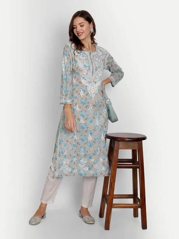 Grey_Lucknow_Chikankari_Hand_Embroidered_Long_Kurta_Mulmul_Cotton