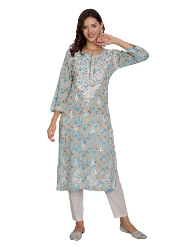 Grey_Lucknow_Chikankari_Hand_Embroidered_Long_Kurta_Mulmul_Cotton