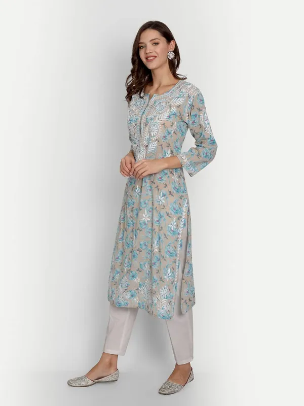 Grey_Lucknow_Chikankari_Hand_Embroidered_Long_Kurta_Mulmul_Cotton