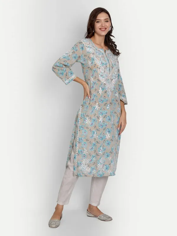 Grey_Lucknow_Chikankari_Hand_Embroidered_Long_Kurta_Mulmul_Cotton
